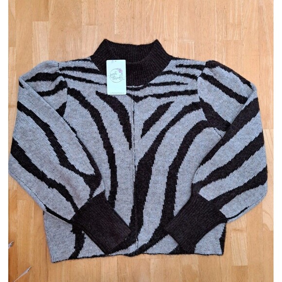 Lush Sweater Womens S Zebra Stripes Brown Mock Neck Long Sleeve Soft NWT - Picture 1 of 8